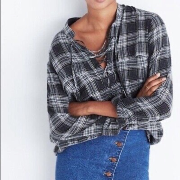 Madewell Terrence lace up pop over plaid flannel wool blend top - Picture 1 of 14